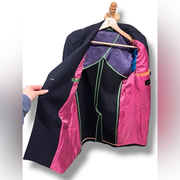 Holland Esquire Stylish Black Wool Double Breasted Peacoat Vibrant Lining Medium - Picture 1 of 11